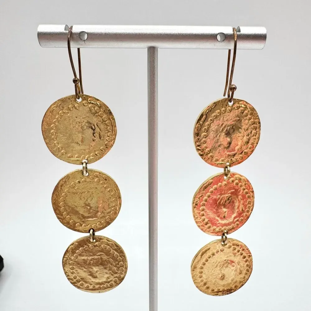 Vintage Ancient Style Golden Coins Linear Dangle Earrings Etruscan Luxe Dusters